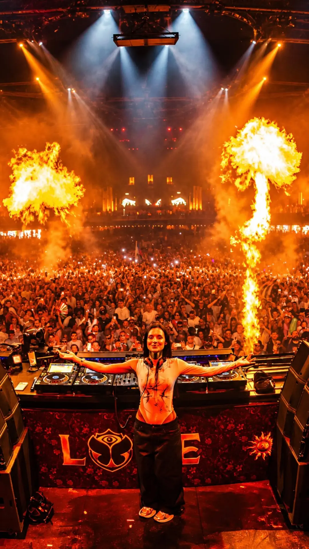 Korolova with her arms outstretched on the Tomorrowland stage, flames on both sides and the "L❤️VE" banner behind her.